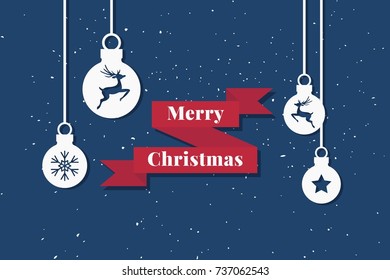 vector merry christmas banner, snowflake, deer, Christmas tree, ribbon with text, flat illustration
