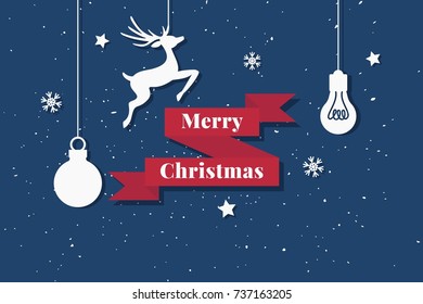 vector merry christmas banner, snowflake, deer, Christmas tree, ribbon with text, flat illustration
