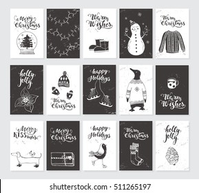 Vector Merry Christmas black and white greeting cards and invitations  isolated on background. Big set with cute snowman, bird and garland hand drawn designs. Vector elements for Xmas design.