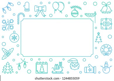 Vector Merry Christmas blue frame in thin line style on white background. Xmas modern outline illustration