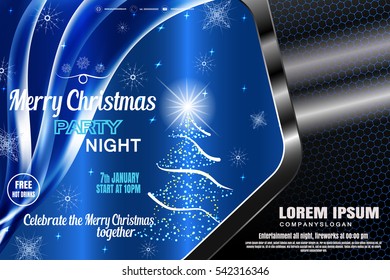Vector Merry Christmas blue poster in the gradient gray frame with hexagon pattern, Christmas tree, radiance, snowflake, wave for holiday party.