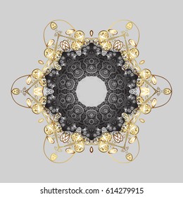 Vector Merry Christmas Border in colors on gray background. Golden and doodles elements.