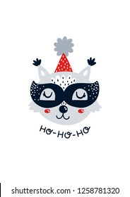 Vector Merry Christmas card with cute squirrel Winter printable art on white background