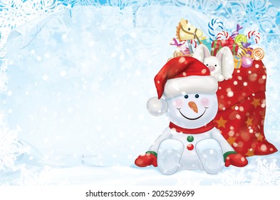Vector Merry Christmas card. Cute snowman cartoon with presents, greeting card for winter holidays.
