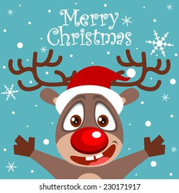 Vector Merry Christmas card with a cute reindeer character