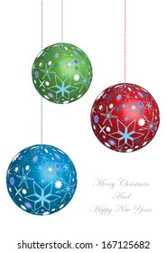 vector merry christmas card design with bright glass balls and place for your text isolated on white background
