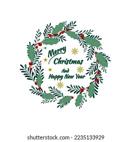 Vector merry christmas, Christmas card design with text. Christmas leaf ornaments all around. Cartoon illustration. Also great for New Year and Christmas posters, gift tags, labels, etc.