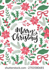 Diseño de tarjeta de Vector Feliz Navidad con plantas de invierno y arcos. Letras de Festiva - Feliz Navidad