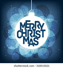 Vector Merry Christmas card design with white ornament on starry blue background. Perfect as invitation or announcement. Eps 10