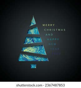 Vector Merry Christmas card with a  frsh minimalistic tree cut of  from paper and nice modern abstract blue and green color background. Fresh original Christmas card