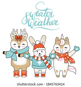 Vector Merry Christmas card with funny happy characters celebrating isolated on white background. Deer, Unicorn and Fox. Sweater weather calligraphy. For decor, design, congratulation cards, prints.