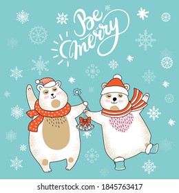 Vector Merry Christmas card with funny happy characters celebrating isolated on turquoise background. Two cute bears in Santa hat. Be merry calligraphy. For decor, design, congratulation cards, prints
