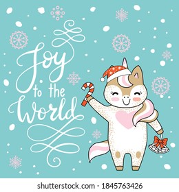 Vector Merry Christmas card with funny happy unicorn celebrating. Joy to the world calligraphy. Vector illustration isolated on turquoise background. For decor, design, congratulation cards, prints.