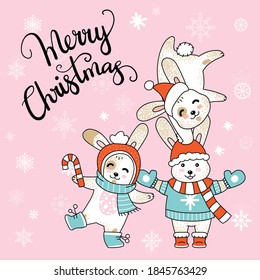 Vector Merry Christmas card with funny happy characters celebrating isolated on pink background. Deer, Unicorn and Fox. Calligraphy. For decor, design, congratulation cards, prints.