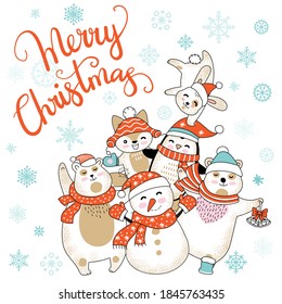 Vector Merry Christmas card with funny happy characters celebrating isolated on white background. Bear, snowman, penguin, fox. Calligraphy. For decor, design, congratulation cards, prints.