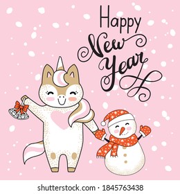 Vector Merry Christmas card with funny happy character celebrating isolated on pink background. Unicorn and snowman. Happy new year calligraphy. For decor, design, congratulation cards, prints.