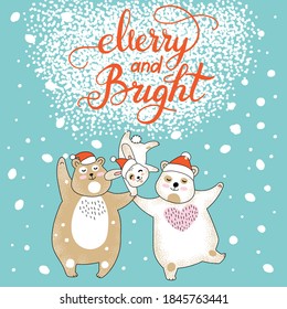 Vector Merry Christmas card with funny happy characters celebrating. Bears and rabbit in Santa hat. Merry and bright calligraphy. For decor, design, congratulation cards, prints.