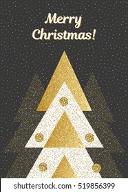 Vector Merry Christmas card with geometric fir trees. In black, white and gold colors.