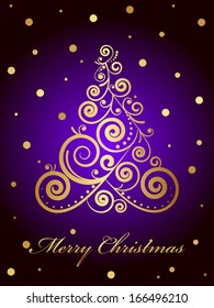 Vector Merry Christmas card with gold ornate Christmas tree