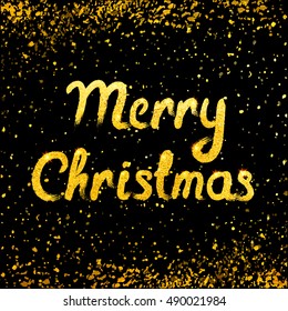 Vector Merry Christmas card with golden lettering and snowfall. 