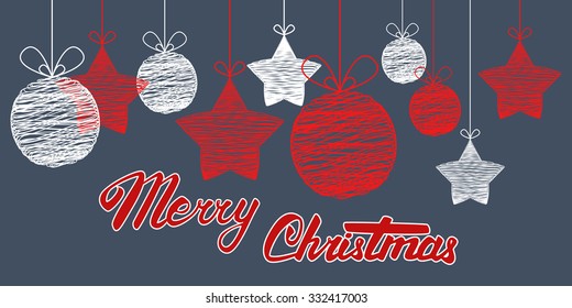 Tarjeta navideña Vector Merry. Grabado manual y caligrafía.
