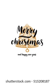 Vector Merry Christmas card with hand drawn font and new year bell. Black and gold colors
