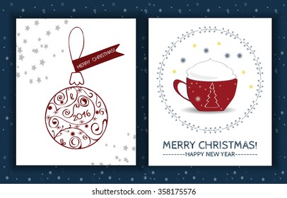 Vector Merry Christmas card and Happy New Year set design.Cappuccino coffee cup and ornate Christmas ball.Perfect as invitation,stickers,labels,cards.Festive mock-up for celebration.