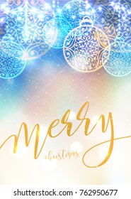 Vector Merry Christmas card with laced balls and lights bokeh. Winter magic background