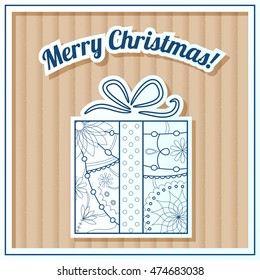 Vector merry Christmas card on cardboard with gift