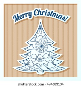 Vector merry Christmas card on cardboard with tree
