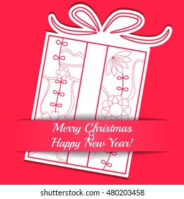 Vector merry Christmas card on paper with gift