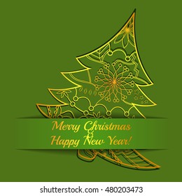 Vector merry Christmas card on paper with tree