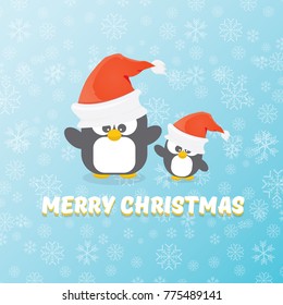 vector merry christmas card with penguins set on blue background with falling  snowflakes. cartoon funny penguins
