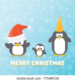 vector merry christmas card with penguins set on blue background with falling  snowflakes. cartoon funny penguins