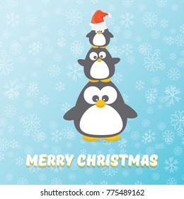vector merry christmas card with penguins set on blue background with falling  snowflakes. cartoon funny penguins