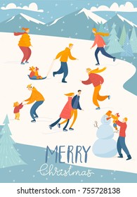 Vector Merry Christmas card with people ice skating, making a snowman, doing winter activities. 