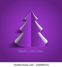 Vector Merry Christmas card with a purple minimalistic tree made from paper