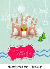 Vector Merry Christmas card with rabbits frame