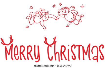 Vector Merry Christmas card with red lettering and angel . Vector design for greeting cards and invitations.