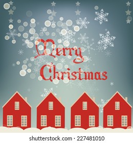 Vector Merry Christmas card with red houses and snow