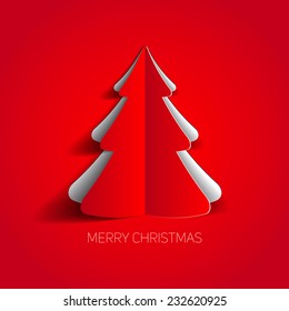 Vector Merry Christmas Card With A Red Minimalistic Tree Made From Paper