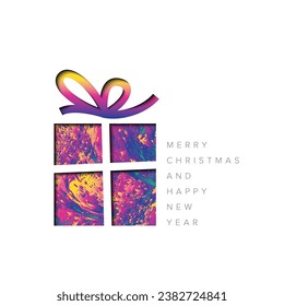 Vector Merry Christmas card with red present and ribbon cut of  from paper - light version of artistic merry christmas card template