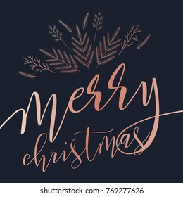 Vector Merry Christmas card. Rose gold lettering. Pattern of floral elements tree branch.