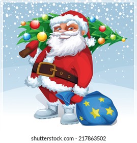 Vector Merry Christmas card with Santa Claus holding a gift and a tree