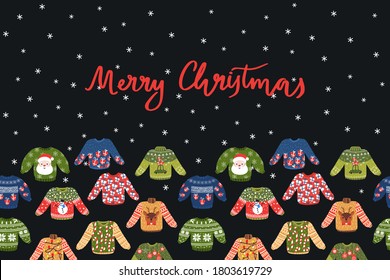 Vector Merry Christmas card with seamless ugly sweaters ornament. Funny Xmas decor for washi tape. 