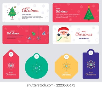Vector Merry Christmas card set background with tag banner design. flat style vector poster illustration