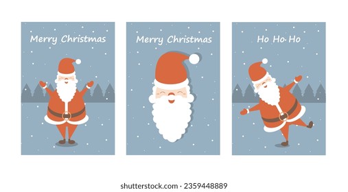 Vector Merry Christmas card set. Merry Christmas and Ho Ho Ho. Cute santa claus. Cartoon happy santa claus