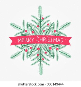 Vector Merry Christmas card with snowflake pine with berries