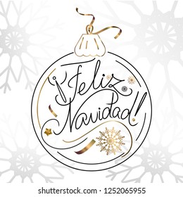 Vector Merry Christmas card template with greetings in spanish language. Feliz navidad. Gold and white lettering.