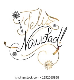 Vector Merry Christmas card template with greetings in spanish language. Feliz navidad. Gold and white lettering.